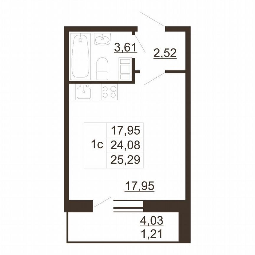 Квартира-студия, 25,3 м², 4/6 эт.