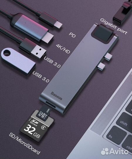 Baseus USB-C хаб с hdmi, LAN, USB 3.0, PD, SD,TF