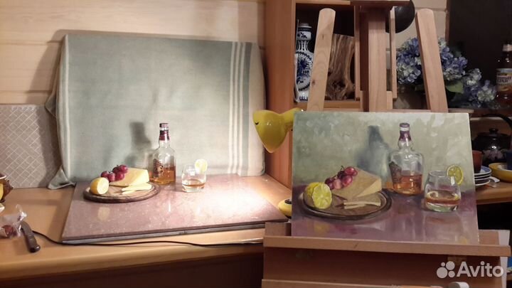 Картина маслом Натюрморт с виски и сыром