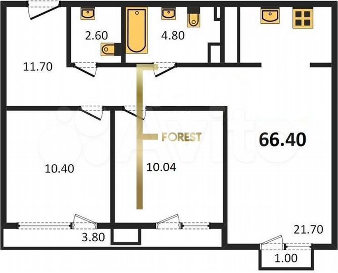 2-к. квартира, 66,4 м², 5/15 эт.