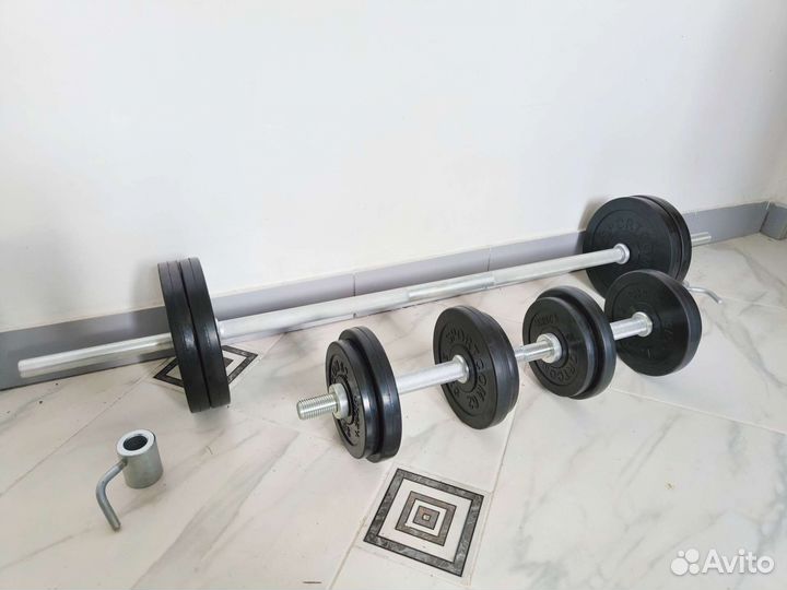 45кг: штанга 120см + гантели по 19кг обрезиненные