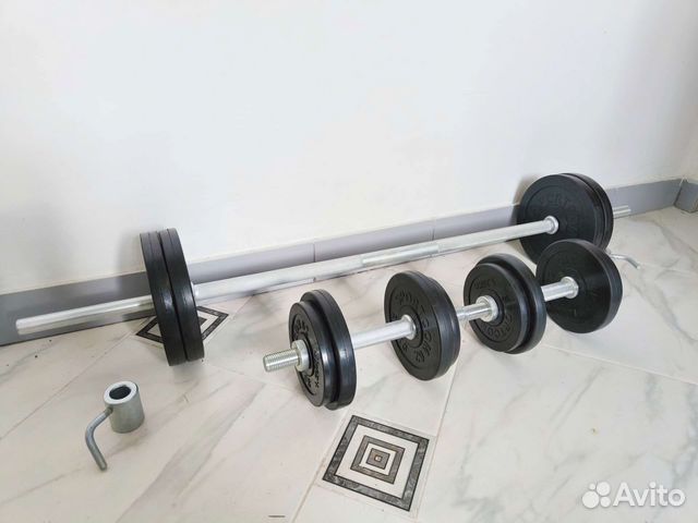 45кг: штанга 120см + гантели по 19кг обрезиненные