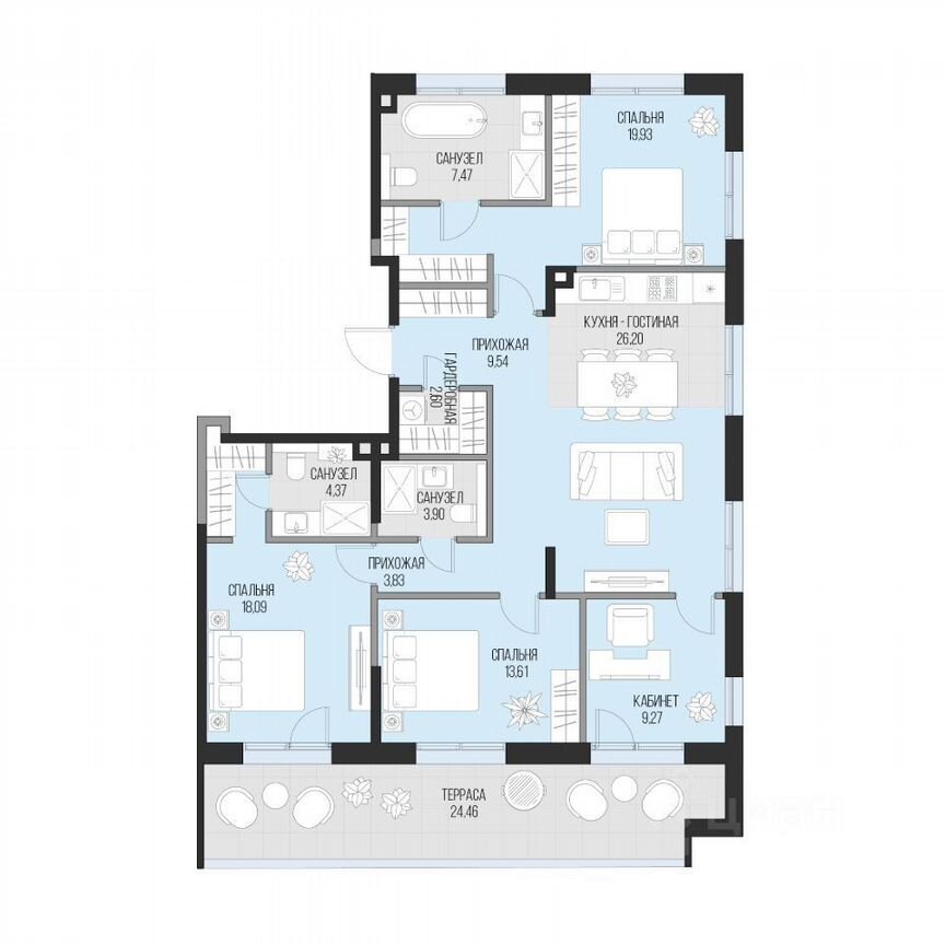3-к. квартира, 126,2 м², 1/6 эт.