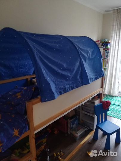 Кровать чердак IKEA Кюра + матрас+шторка+полог