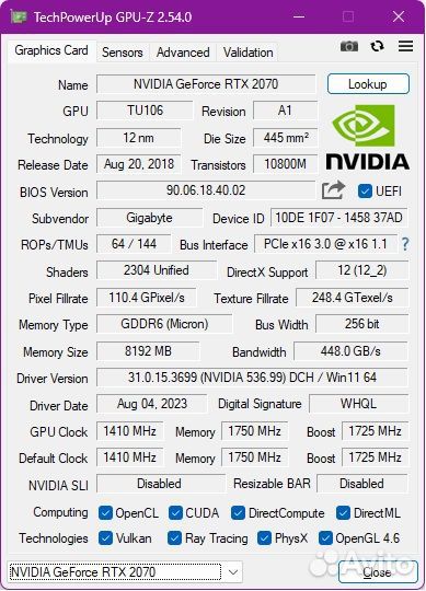 Видеокарта gigabyte GeForce RTX 2070 gaming OC 8GB