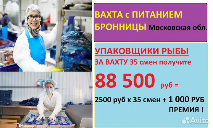 Вахта +питание Упаковщик рыбы г. Бронницы