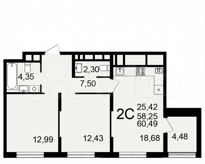 2-к. квартира, 60,5 м², 23/26 эт.