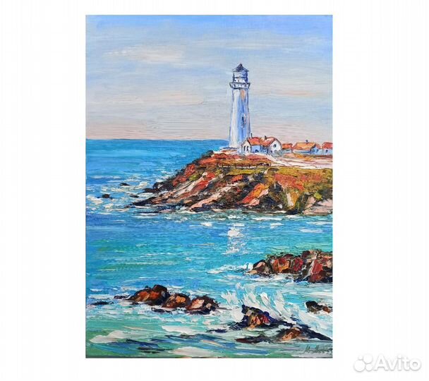 Картина маслом море маяк холст на картоне 30х40см