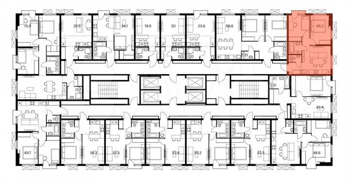 2-к. квартира, 46,2 м², 7/25 эт.