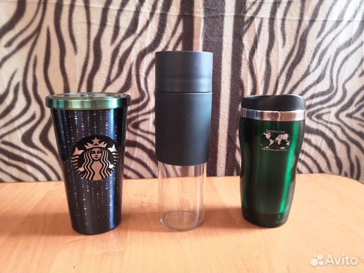 Стакан Старбакс, термос Соврано, бутылка Икеа