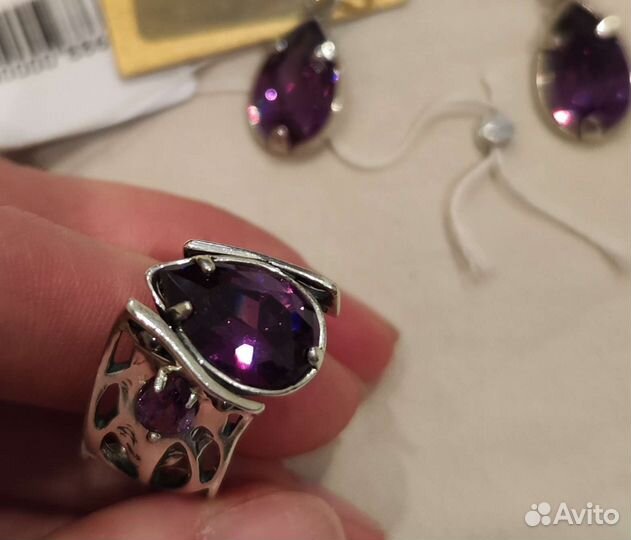 Серебряный комплект аметист кольцо серьги новые