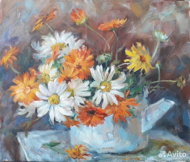 Живопись маслом картина интерьерная цветы ромашки