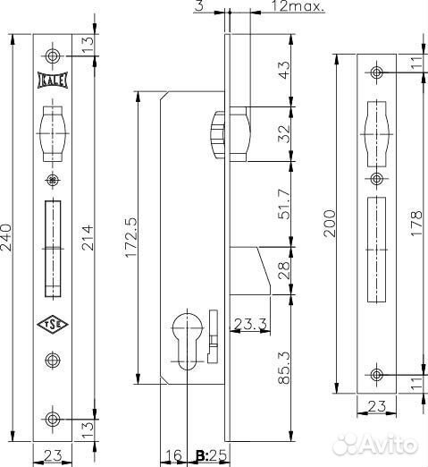 Корпус врезного замка Kale Kilit 255 25 mm, никель