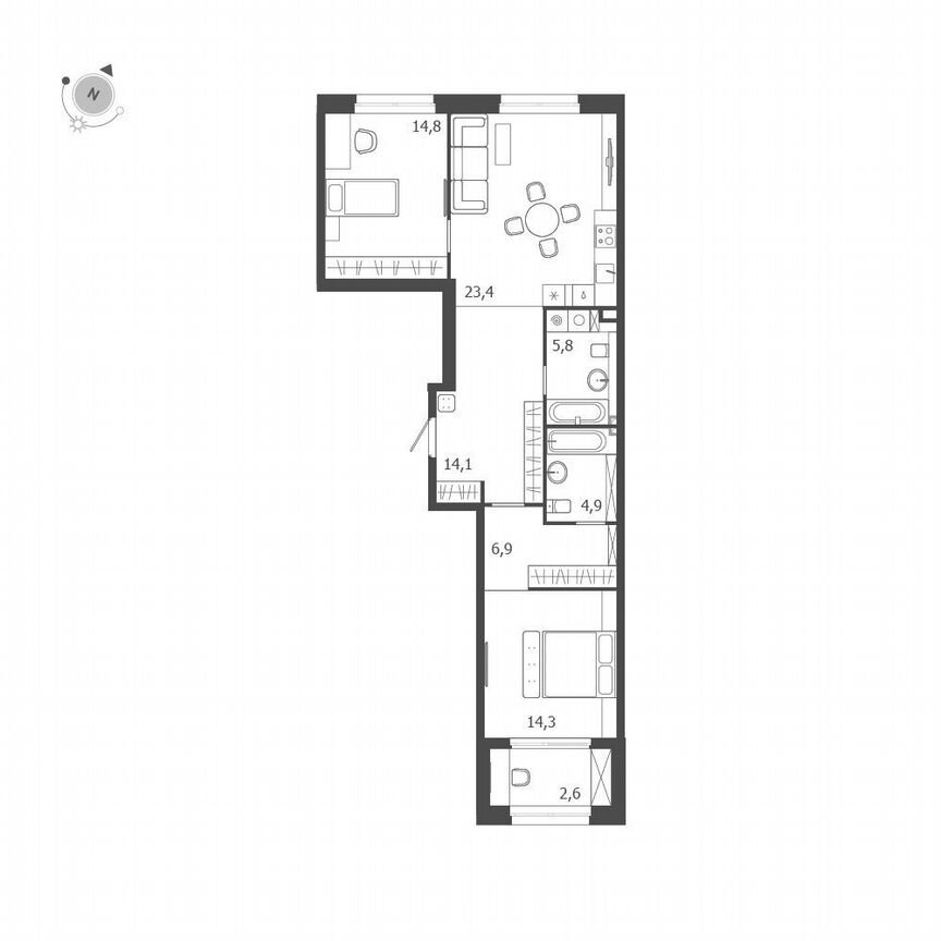 2-к. квартира, 86,8 м², 2/9 эт.