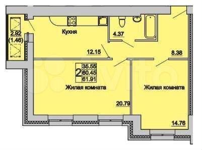 2-к. квартира, 62 м², 14/16 эт.