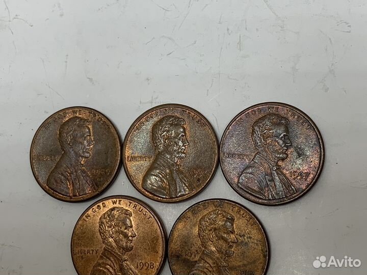 1 цент. США. Америка. One cent. 5 шт