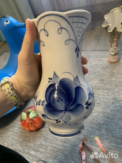 Ваза винтаж СССР фарфор гжель с цветами кувшин