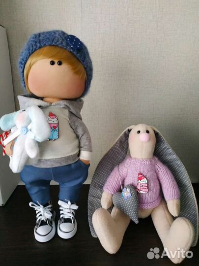 Кукла ручной работы мальчик и тильда Зайка