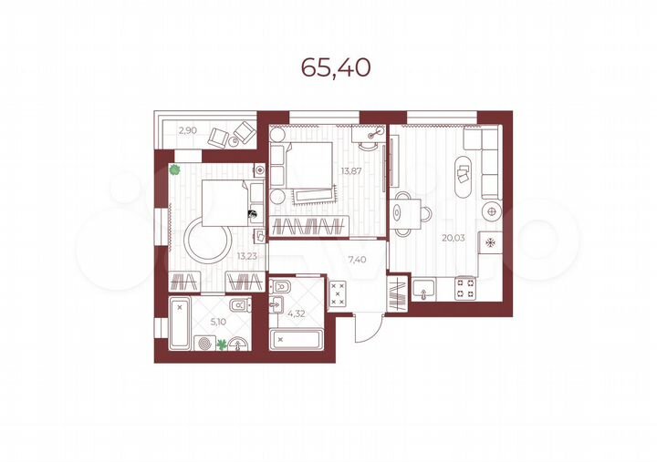 2-к. квартира, 65,4 м², 1/14 эт.