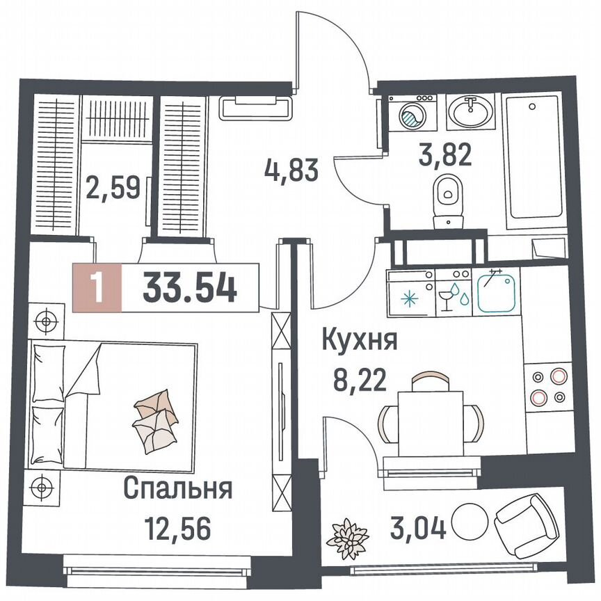 1-к. квартира, 33,5 м², 13/18 эт.