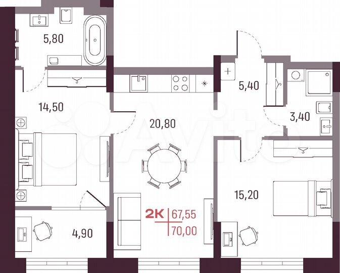 2-к. квартира, 67,6 м², 2/25 эт.