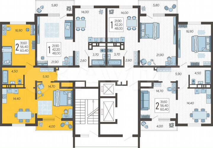 2-к. квартира, 60,4 м², 11/16 эт.