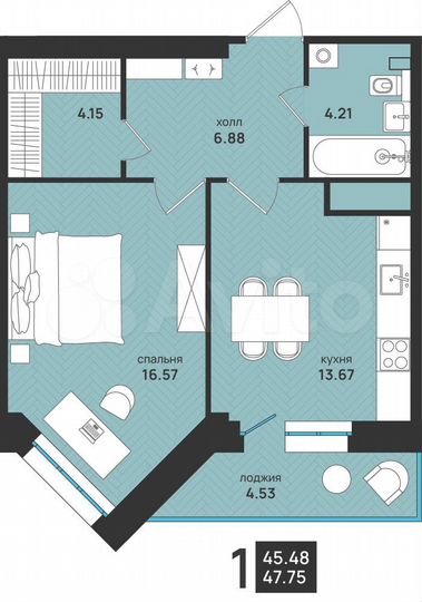 1-к. квартира, 47,8 м², 3/9 эт.