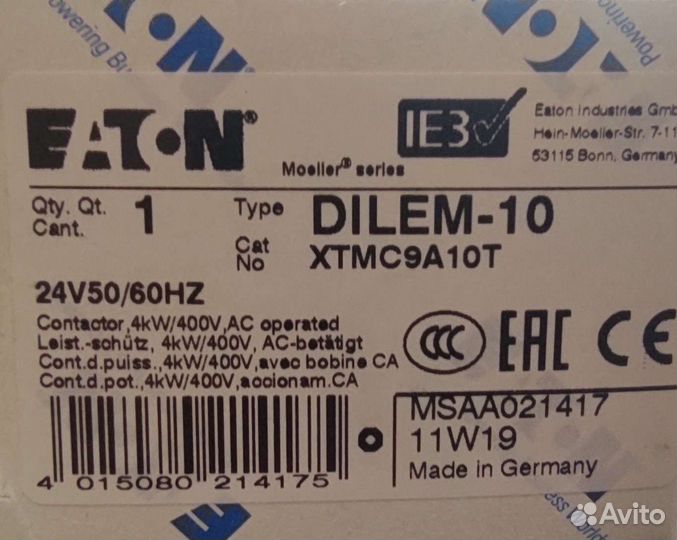 Новый контактор Eaton dilem-10 xtmc9A10t
