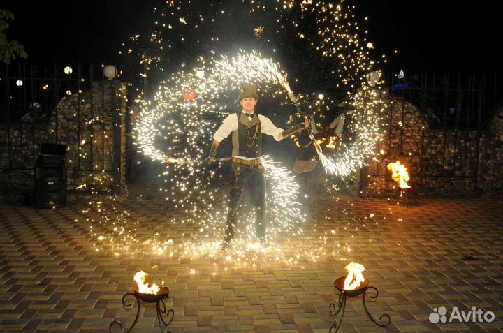 Фаер-шоу. Живые статуи,ходулисты.Картина светом