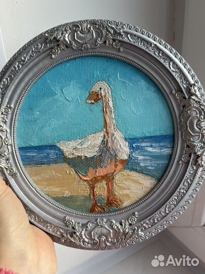 Картина маслом миниатюра в рамке Гусь