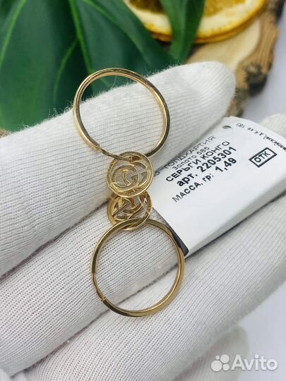 Золотые серьги конго с подвеской Гучи 585 пробы