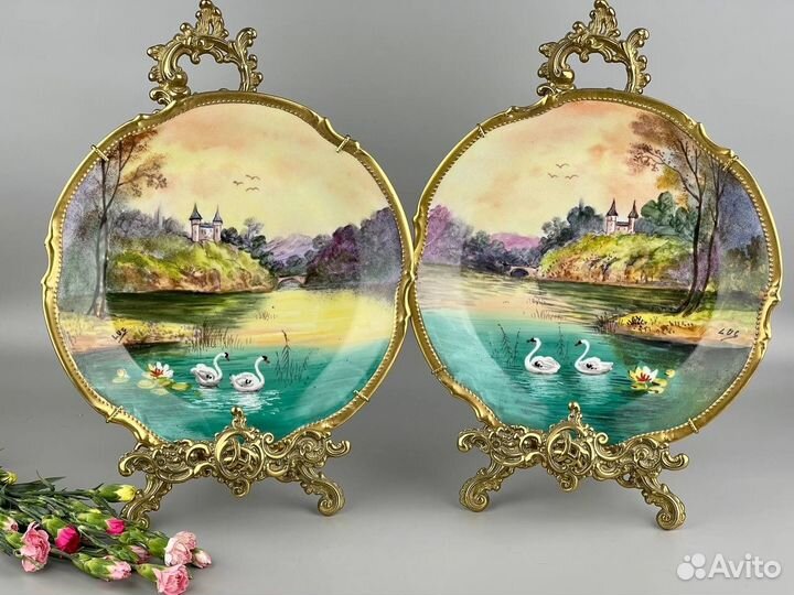 Парные декоративные тарелочки с лебедями Лимож