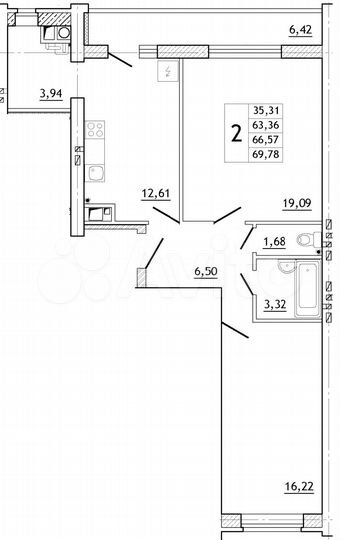 2-к. квартира, 69,8 м², 6/10 эт.