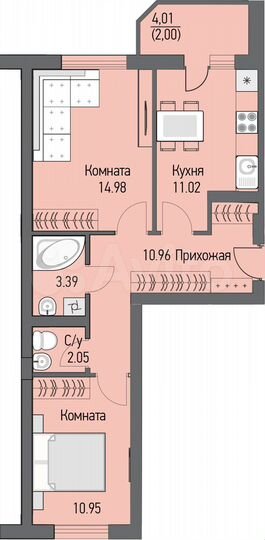 2-к. квартира, 54,9 м², 10/16 эт.