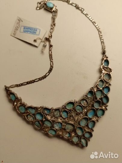 Колье серебро 925 природная бирюза, цирконы