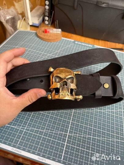 Мужской кожаный ремень череп, ручной работы