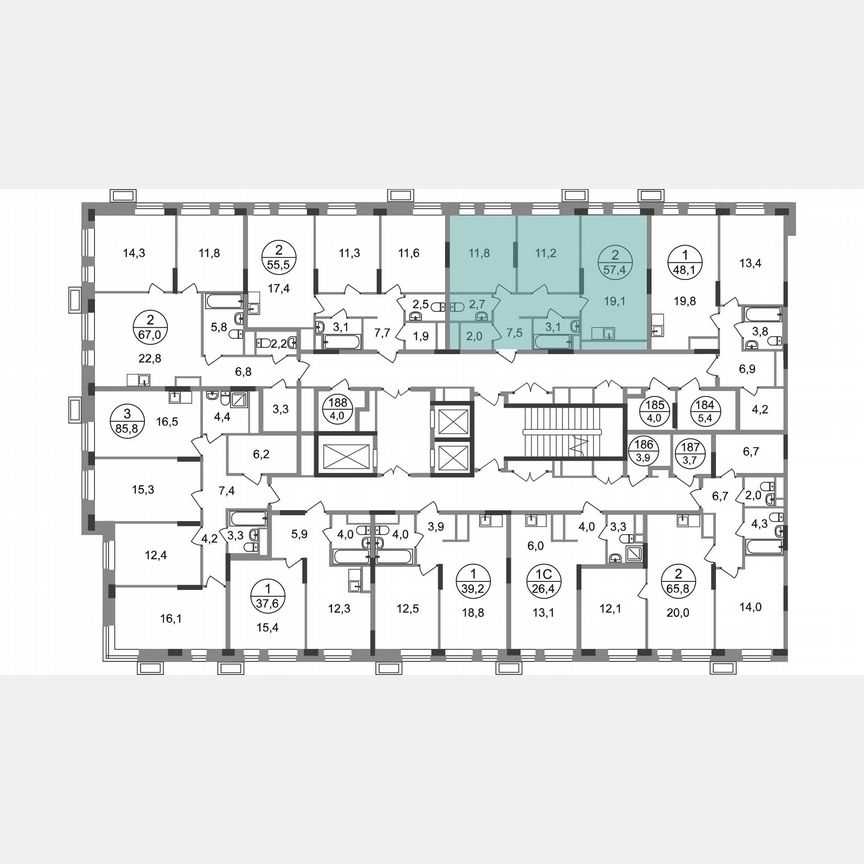 2-к. квартира, 57,4 м², 19/19 эт.