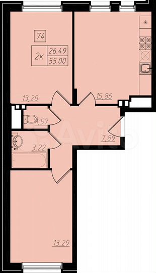 2-к. квартира, 55 м², 2/4 эт.