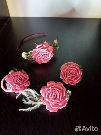 Ободок, резинки для волос и брошка ручной работы