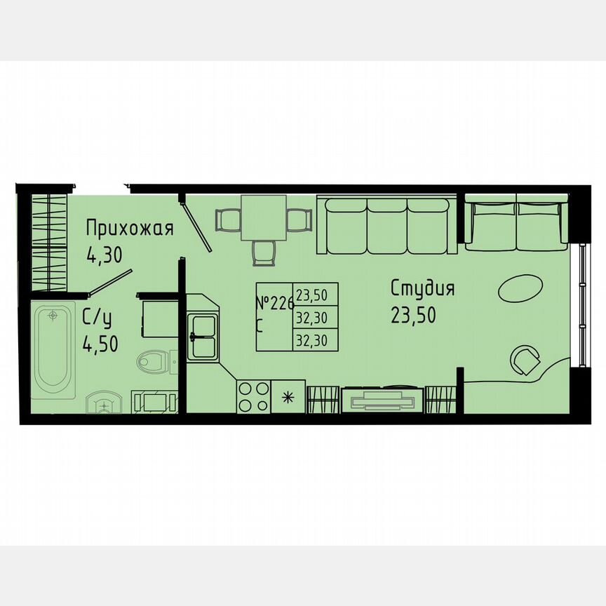 Квартира-студия, 32,3 м², 8/8 эт.