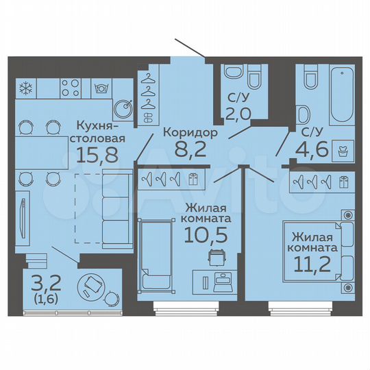 2-к. квартира, 53,9 м², 14/15 эт.