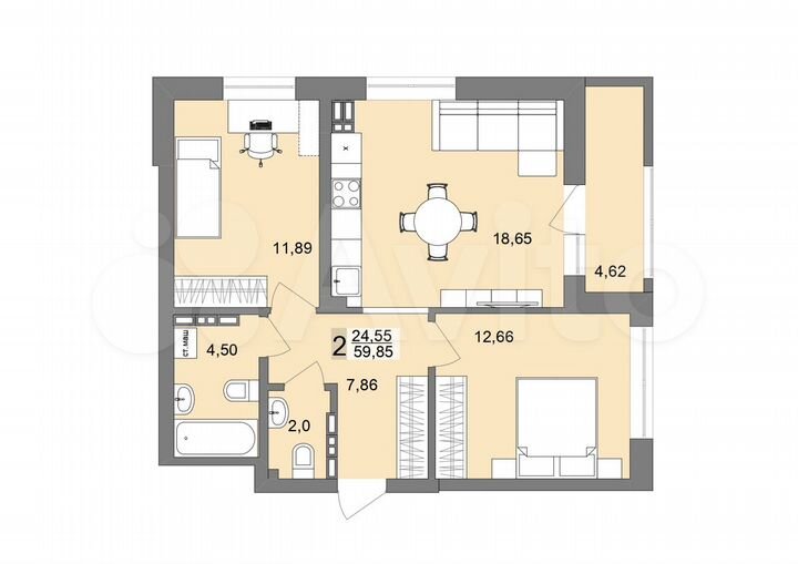 2-к. квартира, 59,5 м², 18/26 эт.
