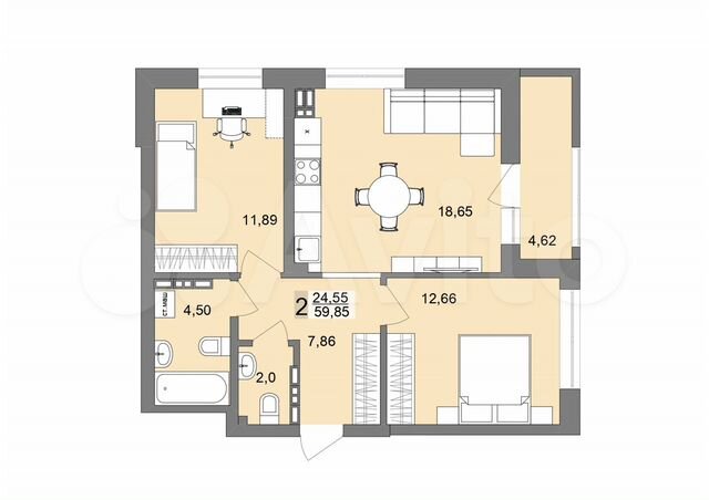 2-к. квартира, 59,5 м², 18/26 эт.