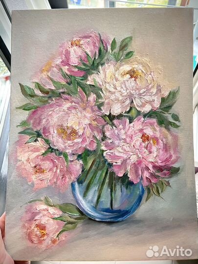 Букет розовых пионов маслом на холсте