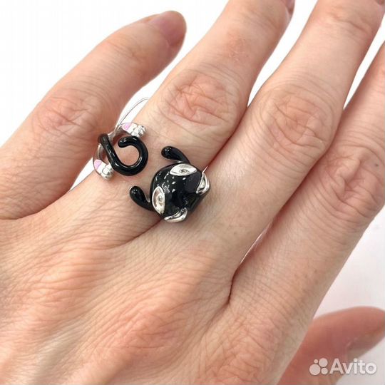 Серебряное Кольцо кошечка эмаль