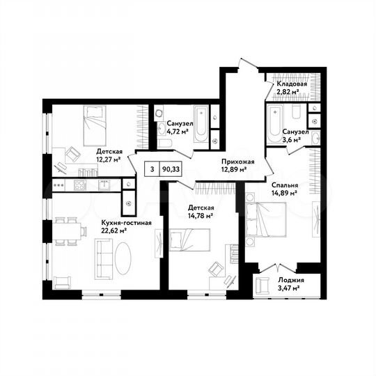 3-к. квартира, 90,3 м², 21/25 эт.