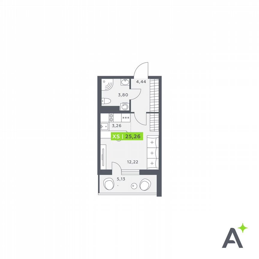 Квартира-студия, 25,3 м², 6/12 эт.