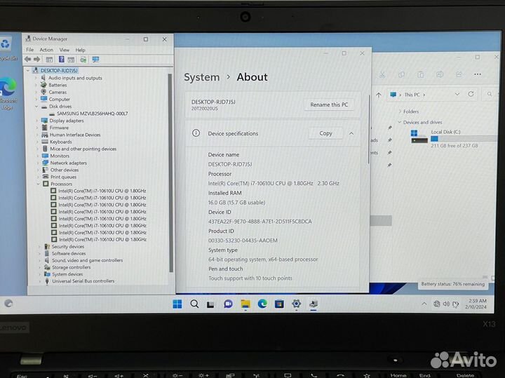 Thinkpad x13 gen1 i7-10, ssd512,ram16, Touch