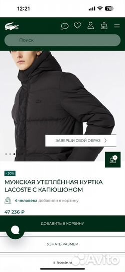 Пуховик мужской lacoste