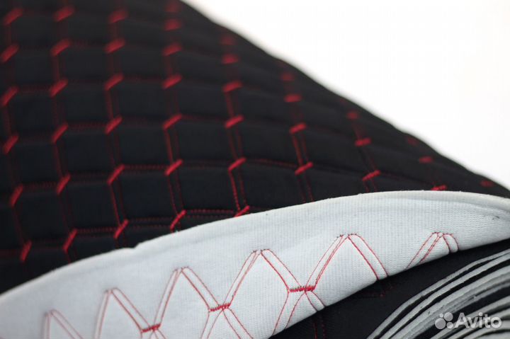 Ткань велюр черный на порол. + стежка ромб красный